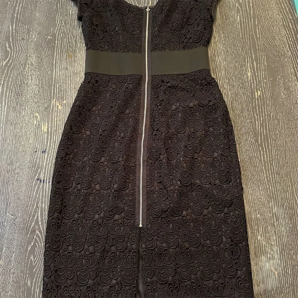 White House Black Market Black Lace Dress Cap Sleeve Knee Length Size 4 Formal - Picture 9 of 11